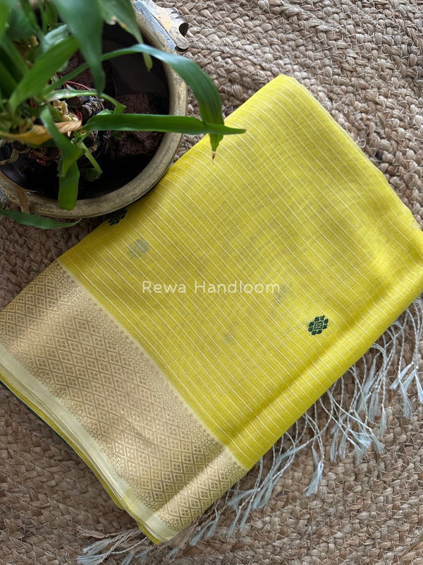Lemon Yellow Butta Pallu Zari Border Saree ~ Maheshwari Saree BTPS013