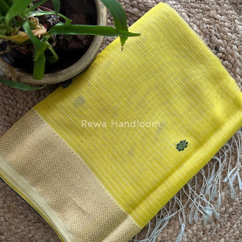 Lemon Yellow Butta Pallu Zari Border Saree ~ Maheshwari Saree BTPS013