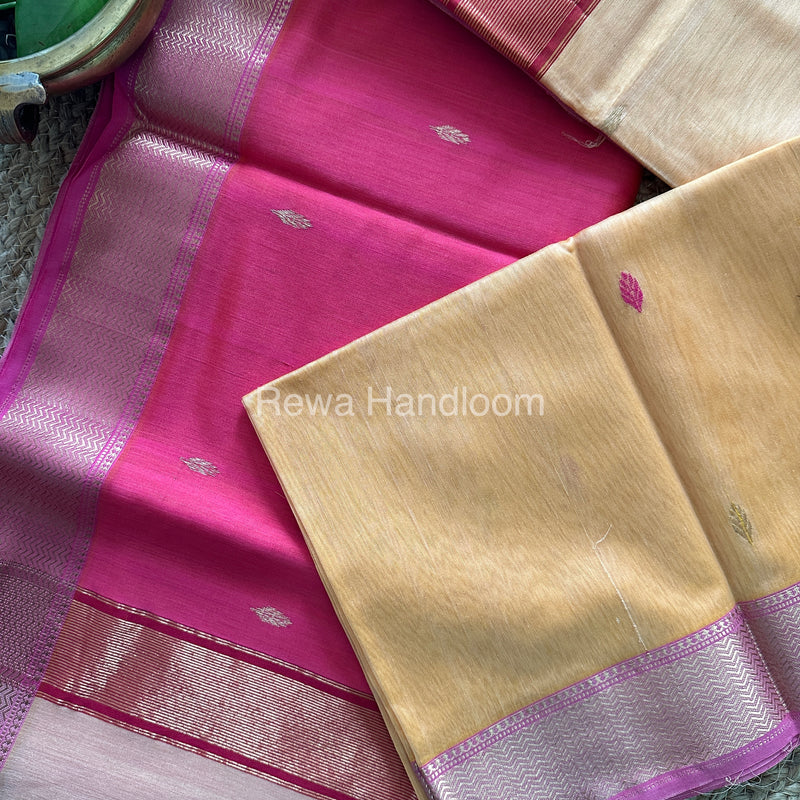 Turmeric Peach Zari Butti ~ Maheshwari Saree-PTB-015