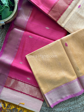 Turmeric Peach Zari Butti ~ Maheshwari Saree-PTB-015