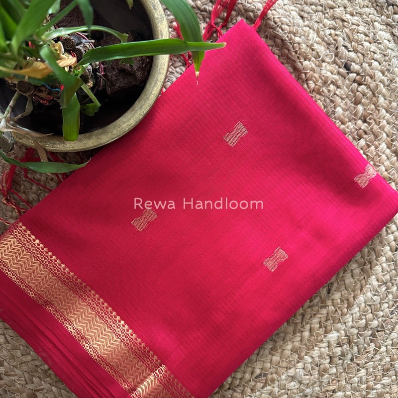 Rani Pink Butta Pallu Zari Border Saree ~ Maheshwari Saree BTPS022
