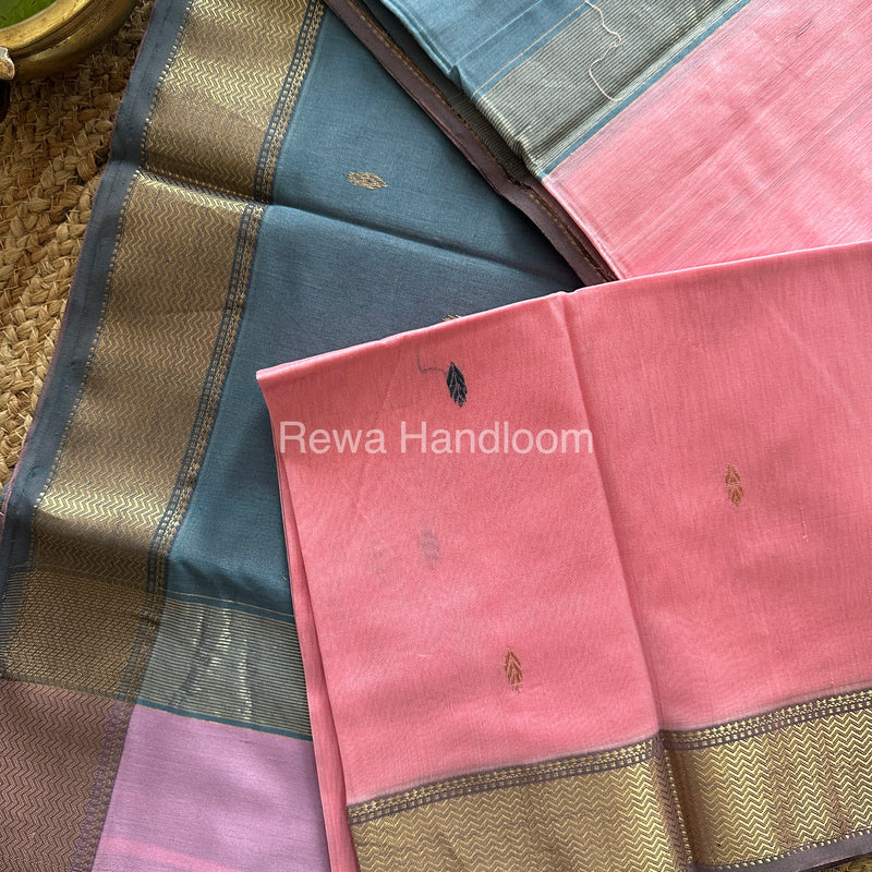 Turmeric Light Baby Pink Zari Butti ~ Maheshwari Saree-PTB-016