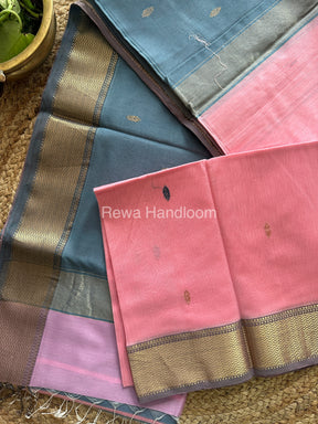 Turmeric Light Baby Pink Zari Butti ~ Maheshwari Saree-PTB-016