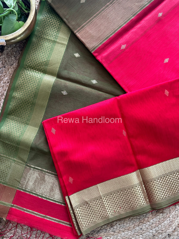 Turmeric Red Zari Butti ~ Maheshwari Saree-PTB-017