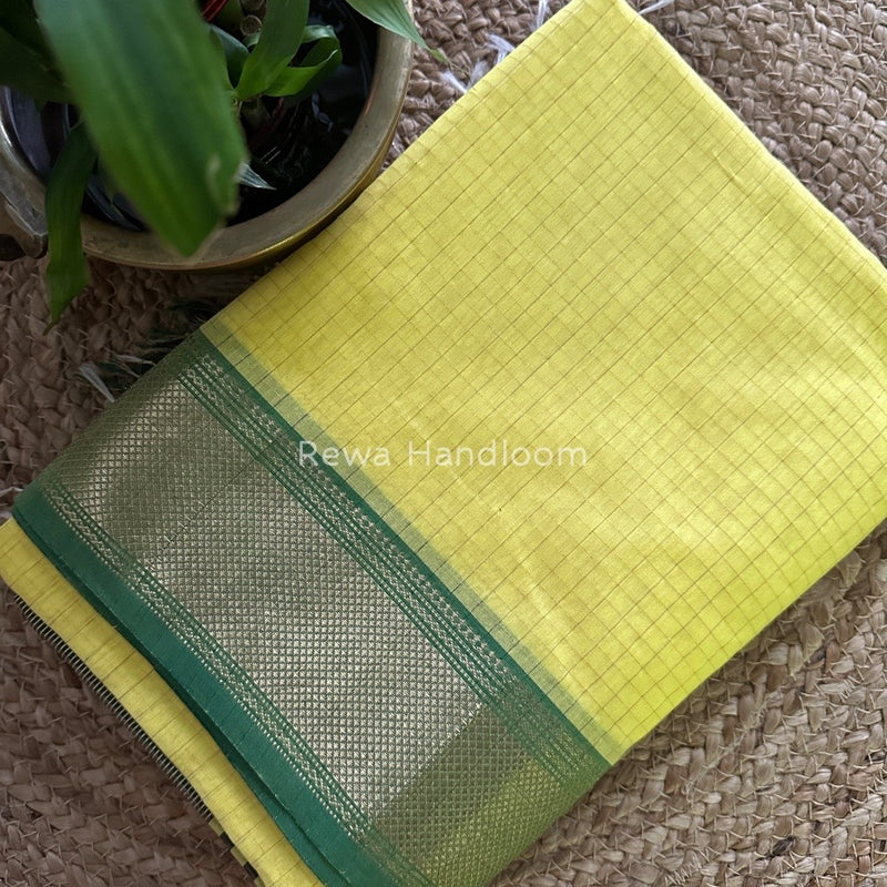 Maheshwari Lemon Yellow Zari Checks Saree ZCHX143