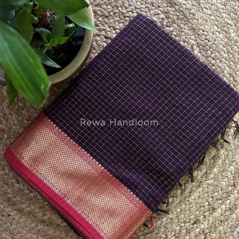 Maheshwari Wine Zari Checks Saree ZCHX046