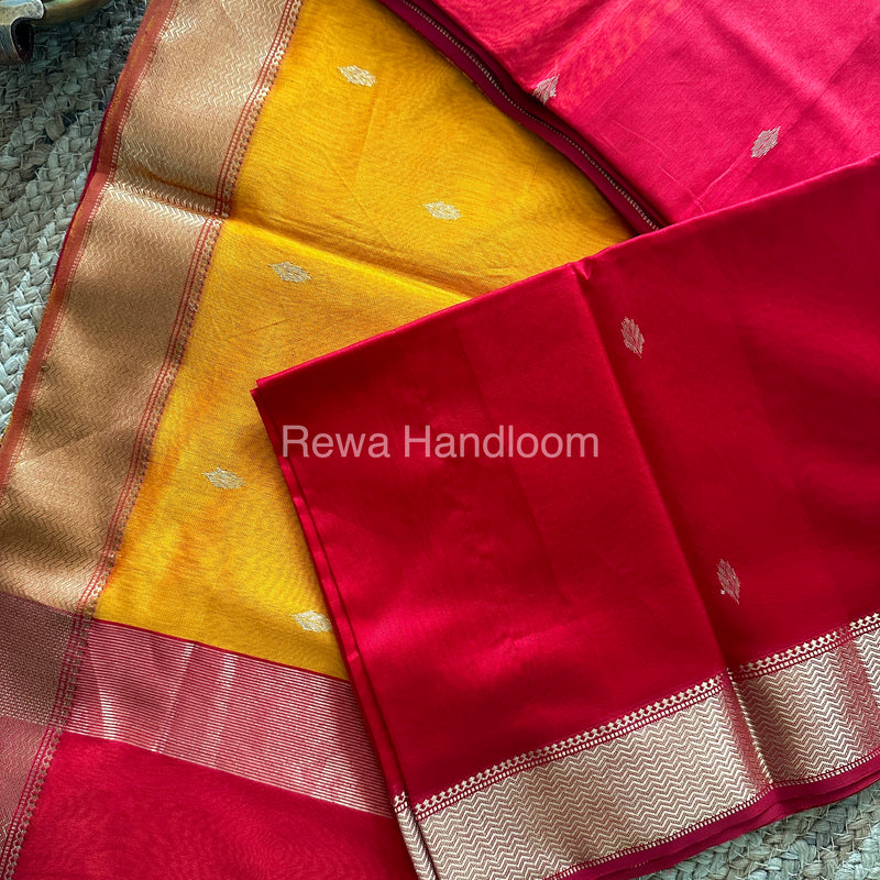 Turmeric Red Zari Butti ~ Maheshwari Saree-PTB-019