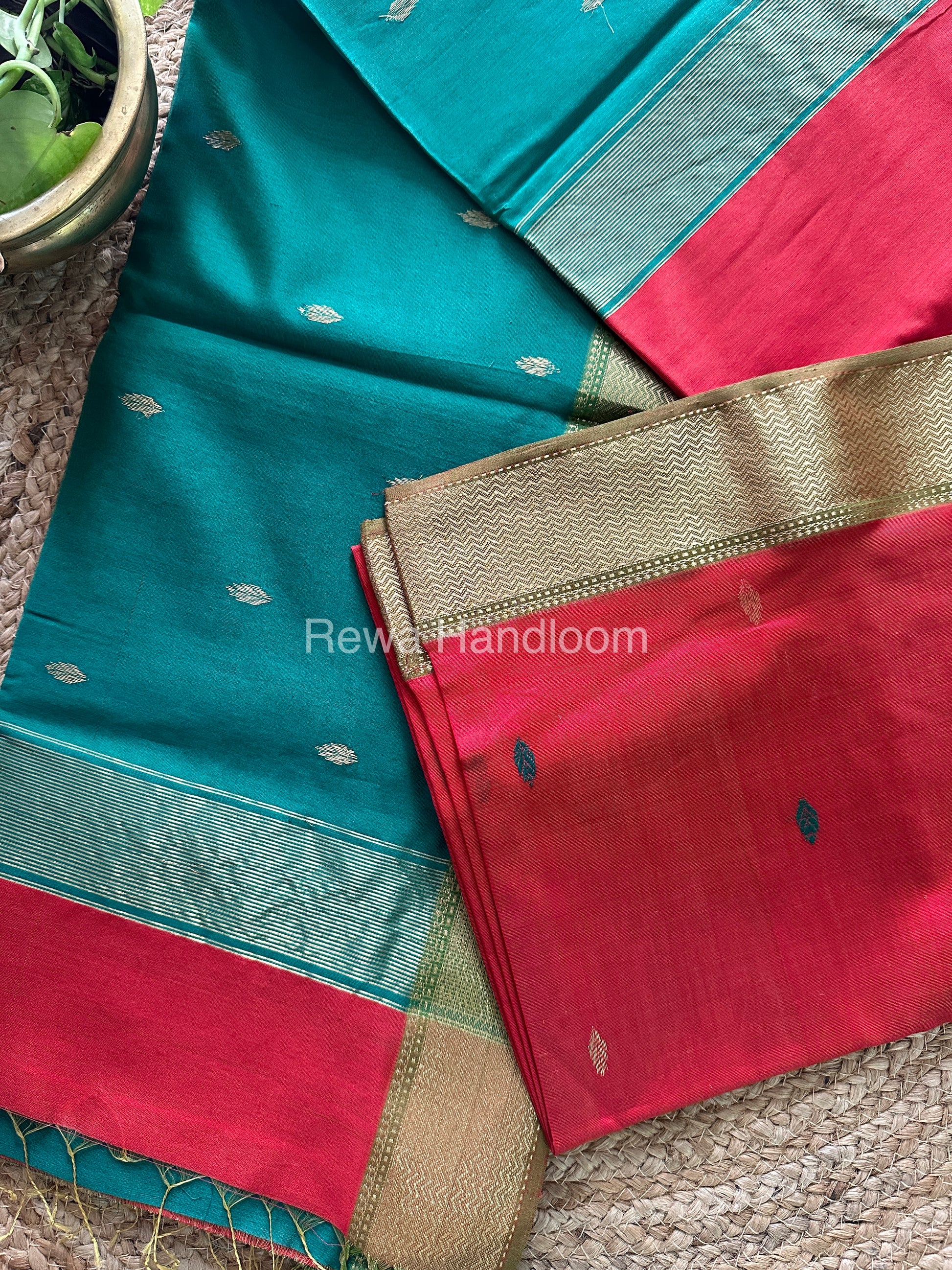 Turmeric Red Zari Butti ~ Maheshwari Saree-PTB-020