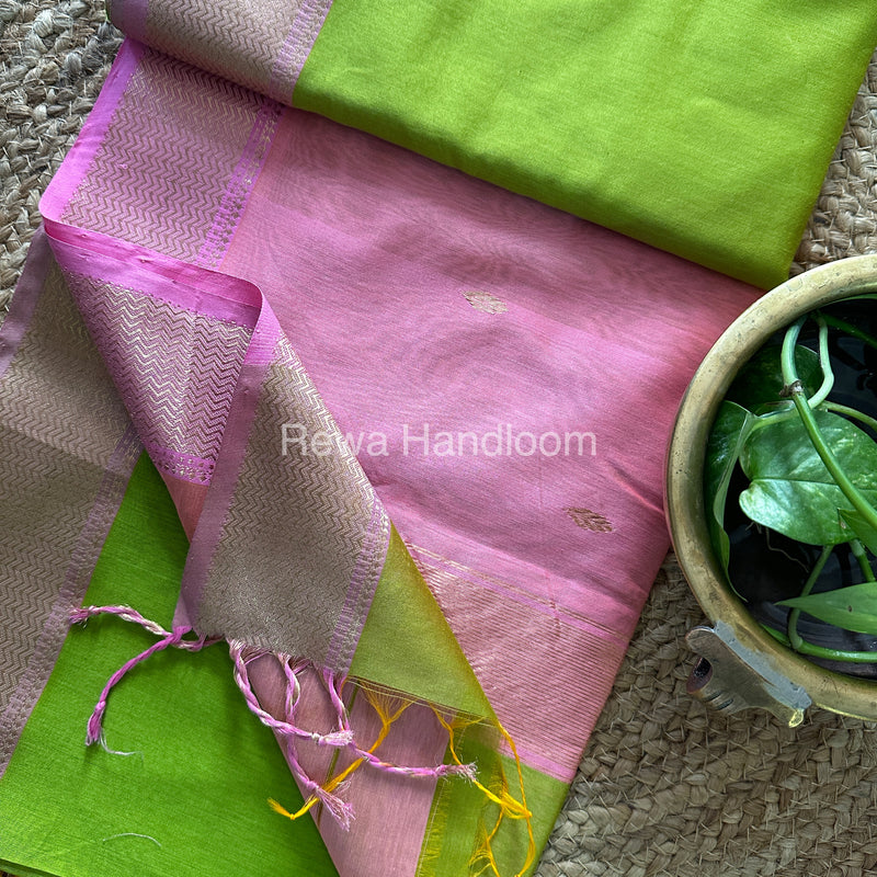 Turmeric Parrot Green Zari Butti ~ Maheshwari Saree-PTB-028