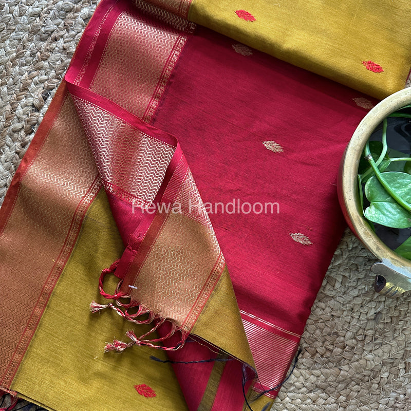 Turmeric Mustard Zari Butti ~ Maheshwari Saree-PTB-021