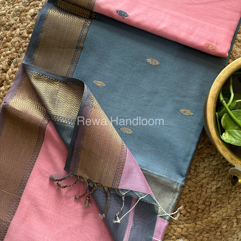 Turmeric Light Baby Pink Zari Butti ~ Maheshwari Saree-PTB-016