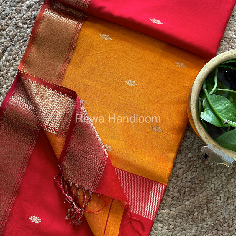Turmeric Red Zari Butti ~ Maheshwari Saree-PTB-019