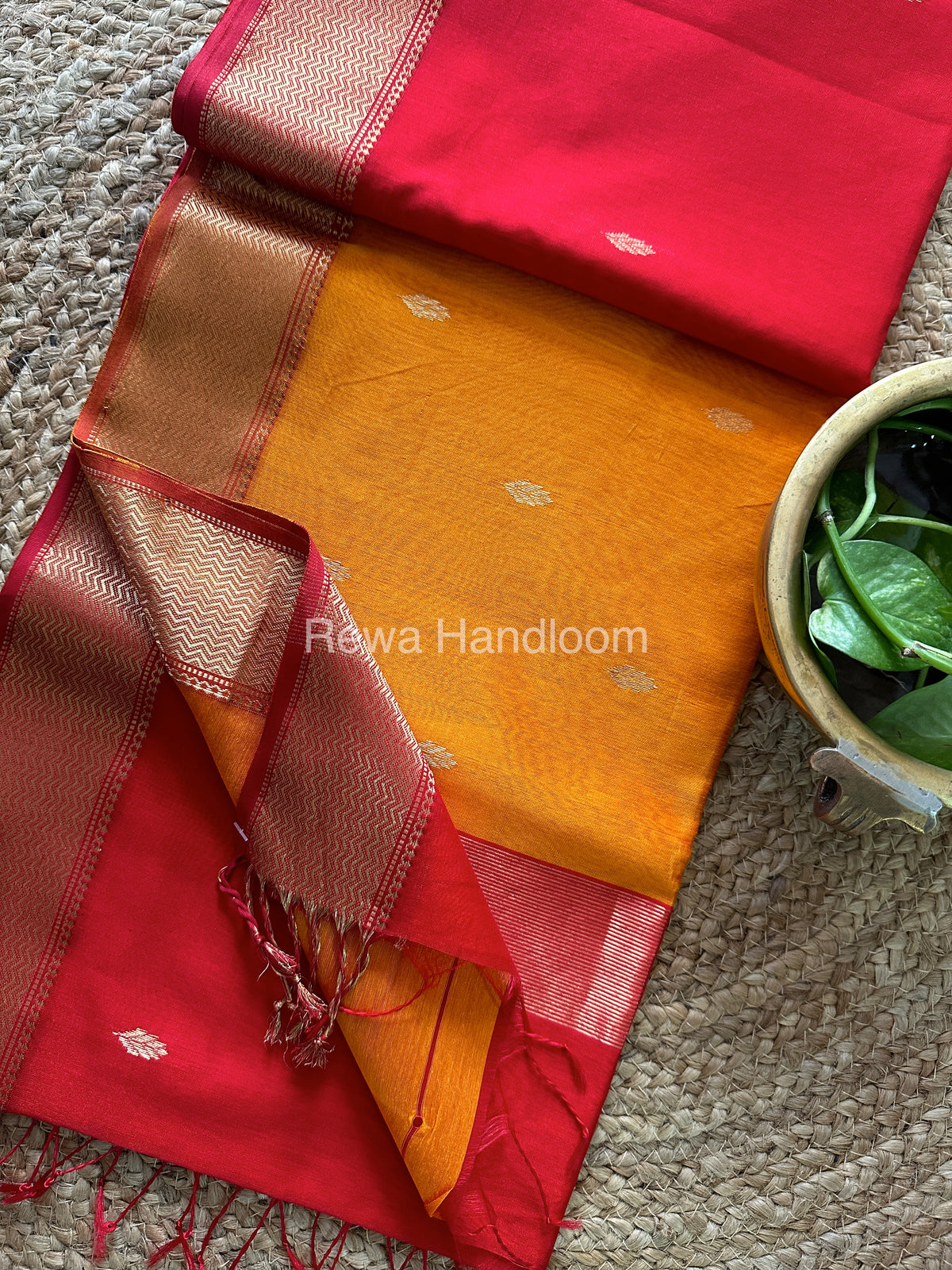 Turmeric Red Zari Butti ~ Maheshwari Saree-PTB-019