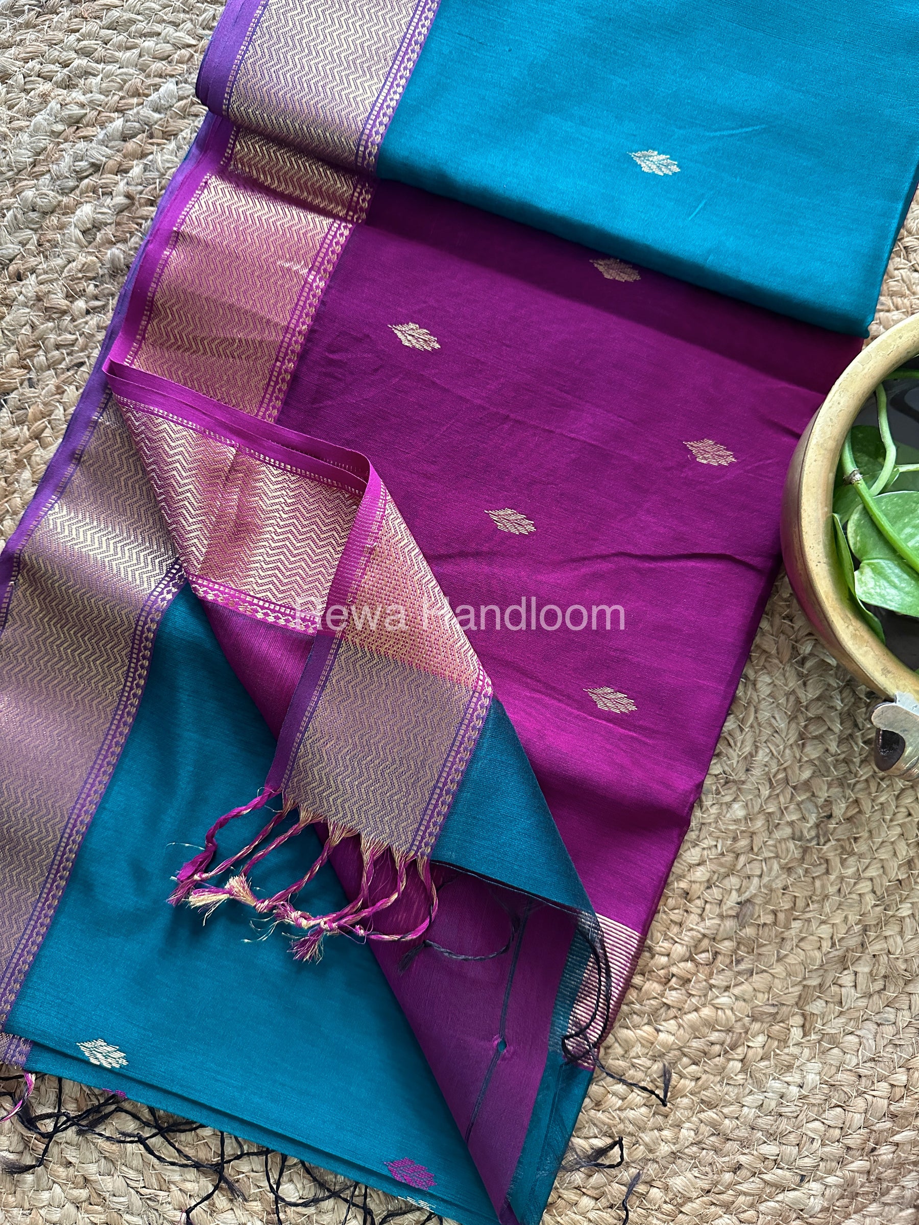 Turmeric Rama Green Zari Butti ~ Maheshwari Saree-PTB-027