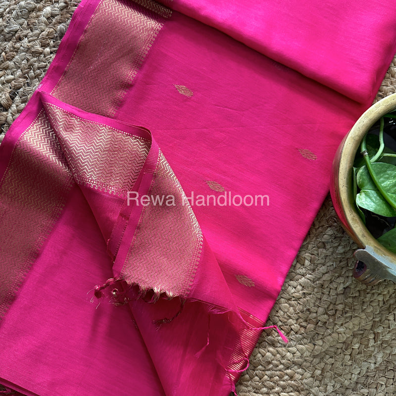 Turmeric Pink Zari Butti ~ Maheshwari Saree-PTB-032