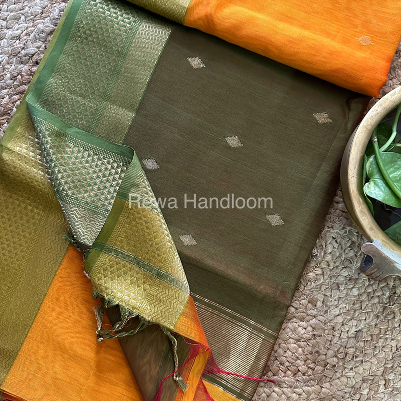 Turmeric Orange Zari Butti ~ Maheshwari Saree-PTB-025