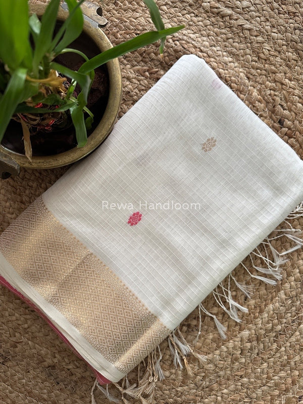 White Butta Pallu Zari Border Saree ~ Maheshwari Saree BTPS024