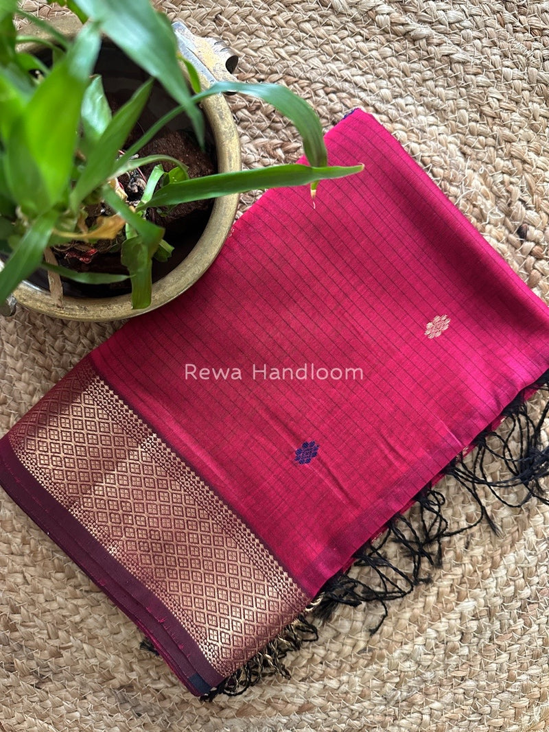 Rani Pink Butta Pallu Zari Border Saree ~ Maheshwari Saree BTPS028