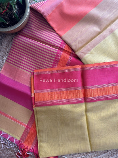 Maheshwari Light Yellow Ganga Jamuna Rewa Border Saree GJD081