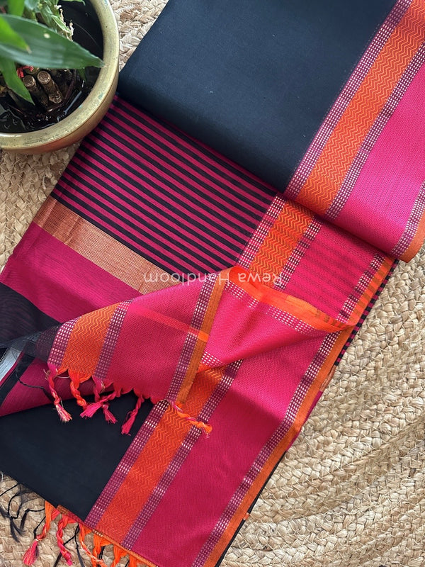 Maheshwari Black Ganga Jamuna Rewa Border Saree GJD070