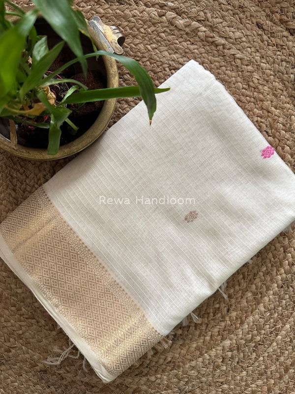 White Butta Pallu Zari Border Saree ~ Maheshwari Saree BTPS029