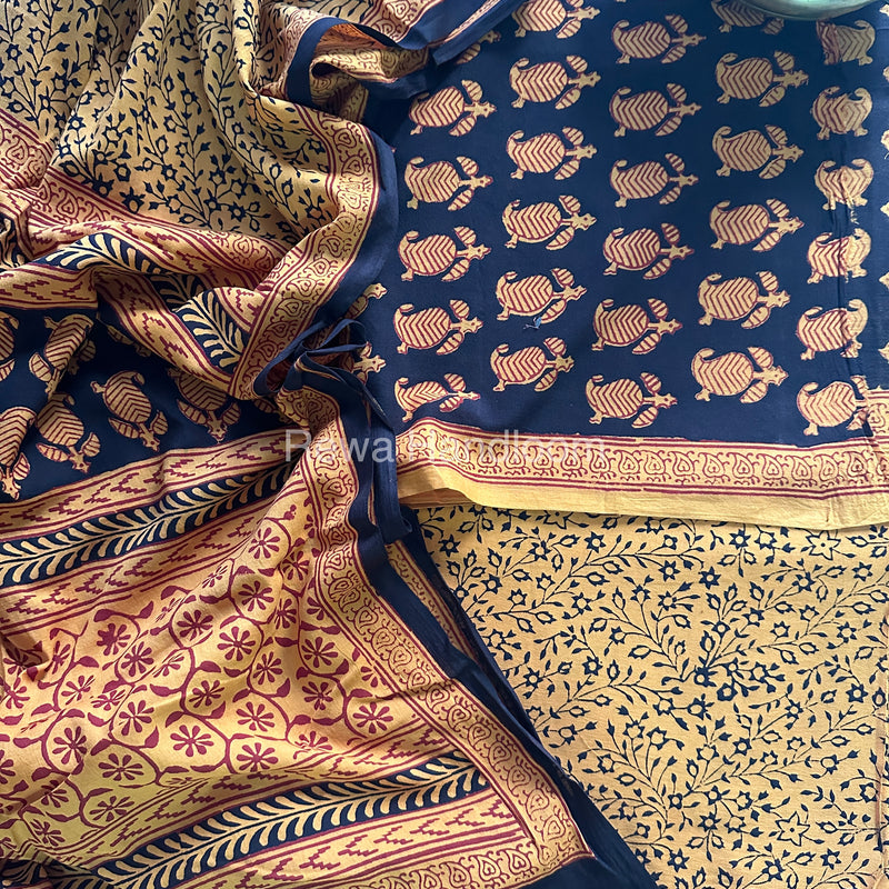 Black-Yellow Bagh Print Cotton Suit-BCS59