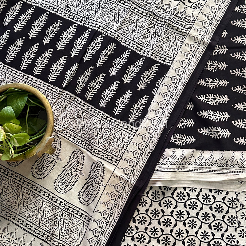 Black-White Bagh Print Cotton Suit-BCS58