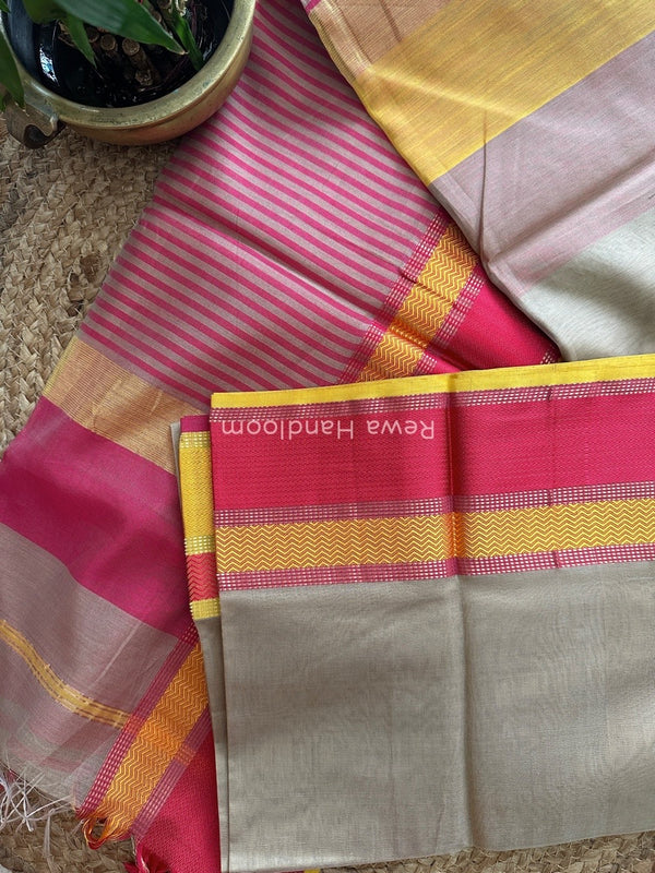 Maheshwari Beige Ganga Jamuna Rewa Border Saree GJD086