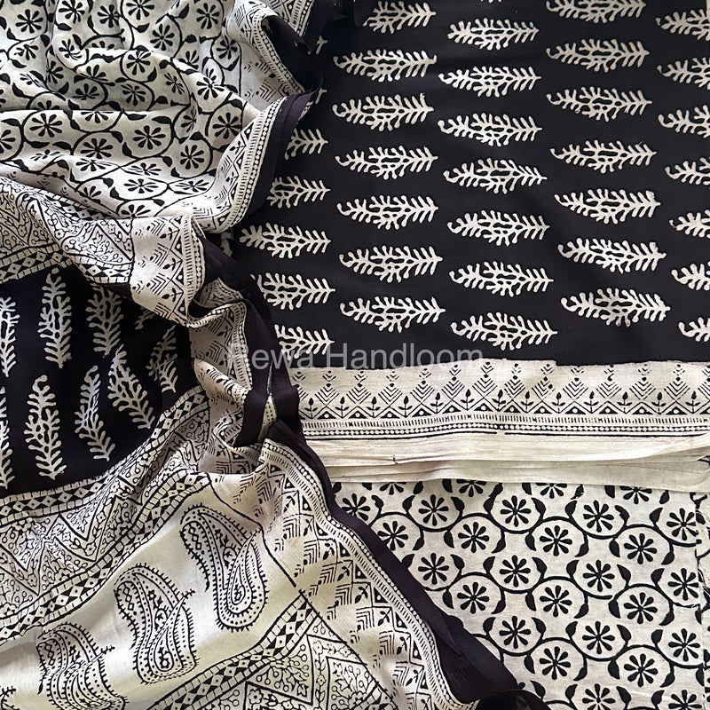Black-White Bagh Print Cotton Suit-BCS58