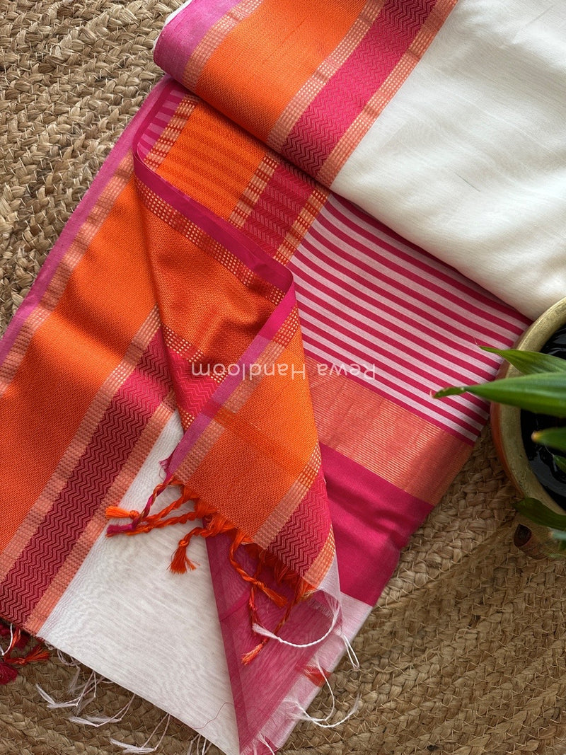 Maheshwari White Ganga Jamuna Rewa Border Saree GJD082