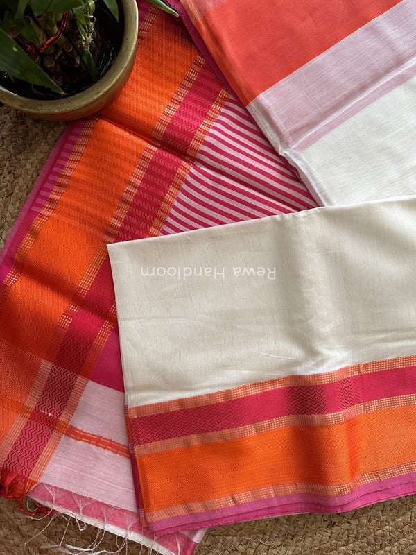 Maheshwari White Ganga Jamuna Rewa Border Saree GJD082
