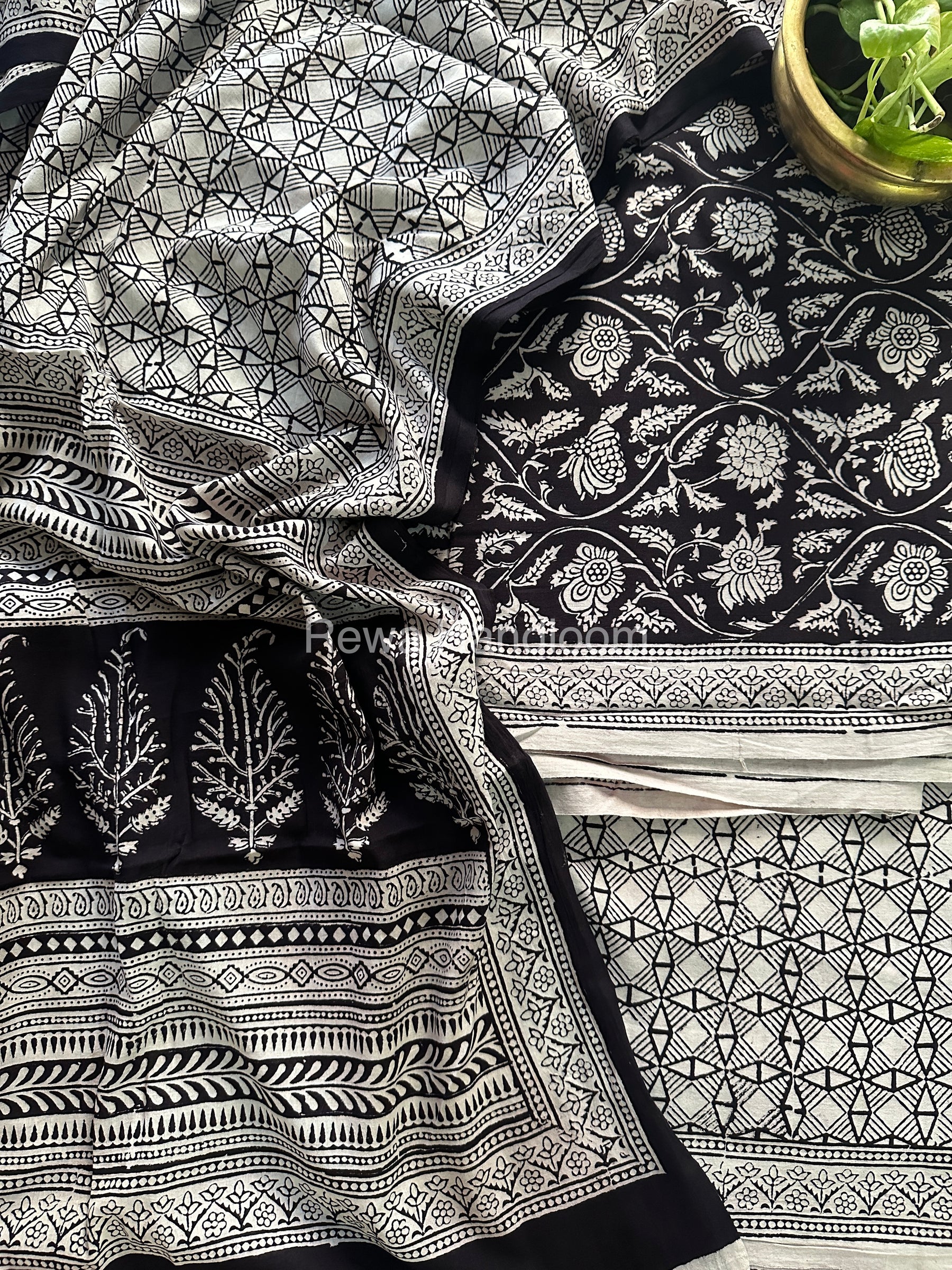 Black-White Bagh Print Cotton Suit-BCS57