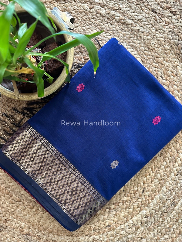 Dark Blue Butta Pallu Zari Border Saree ~ Maheshwari Saree BTPS026