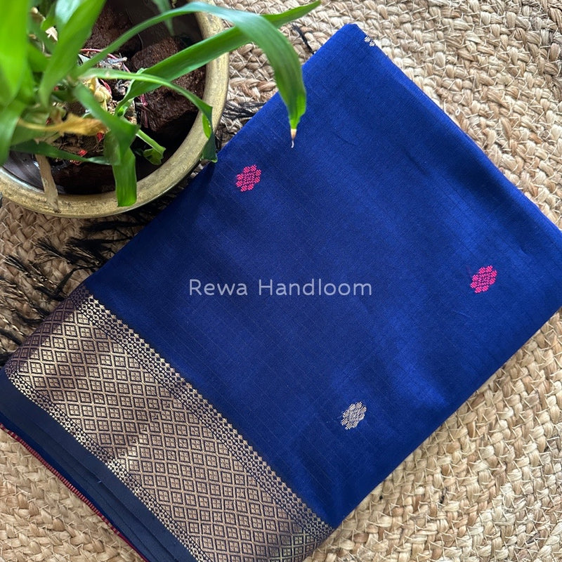 Dark Blue Butta Pallu Zari Border Saree ~ Maheshwari Saree BTPS026