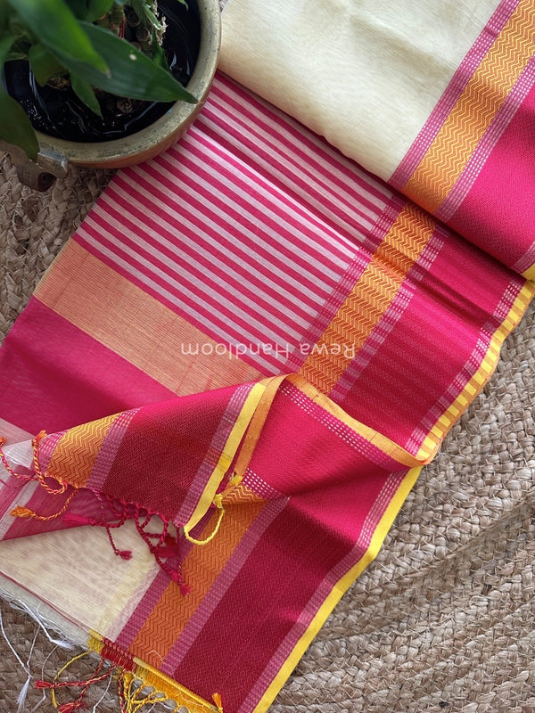 Maheshwari Off White Ganga Jamuna Rewa Border Saree GJD069