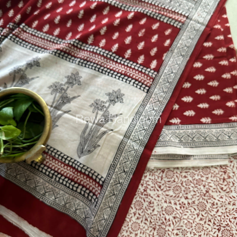 Red-White Bagh Print Cotton Suit-BCS54