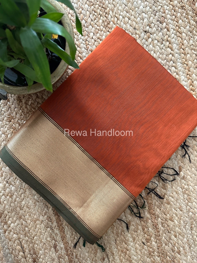 Exclusive Maheshwari Rust Zari Border Saree EZ027