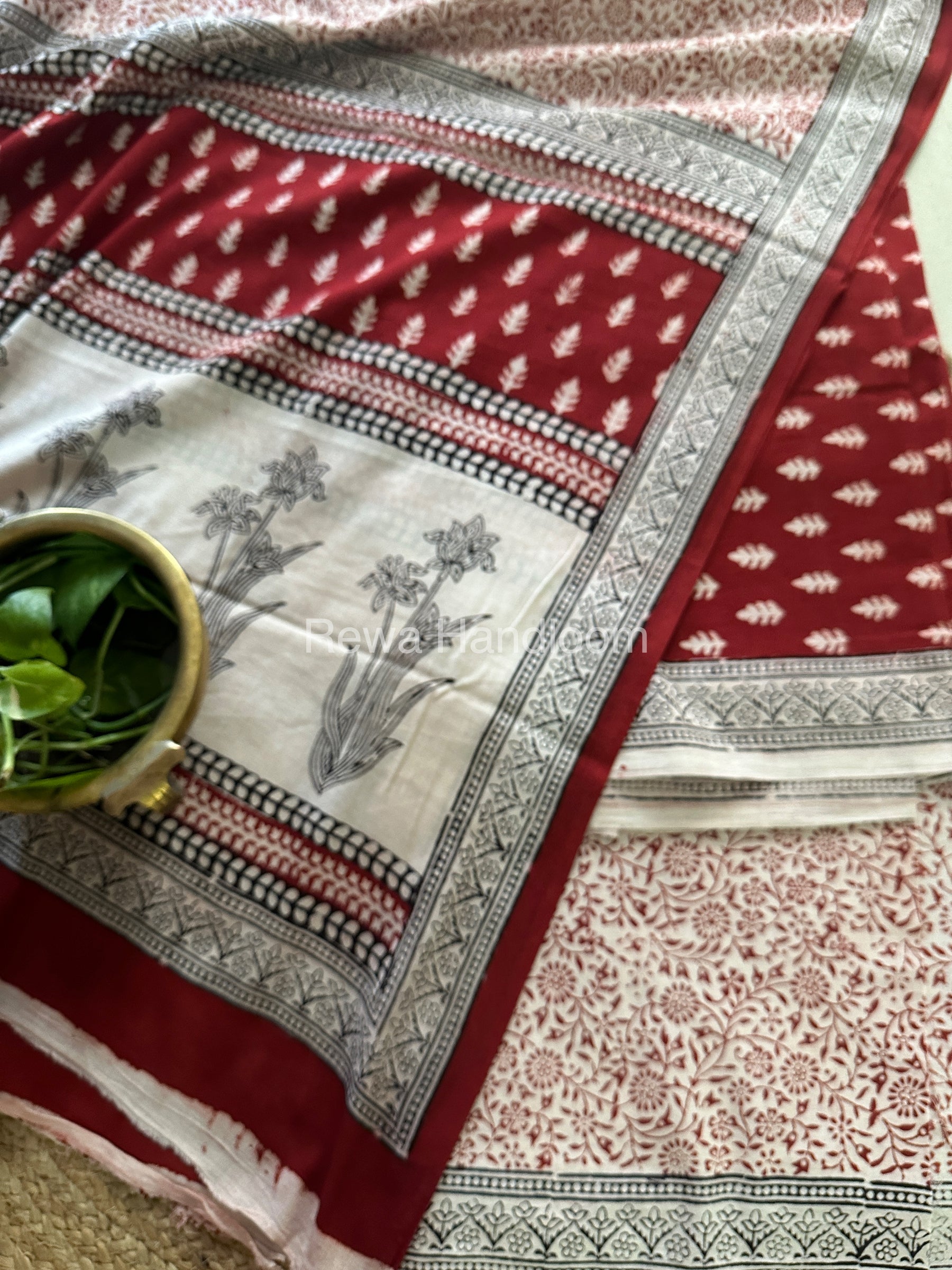 Red-White Bagh Print Cotton Suit-BCS54