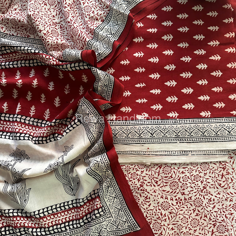 Red-White Bagh Print Cotton Suit-BCS54