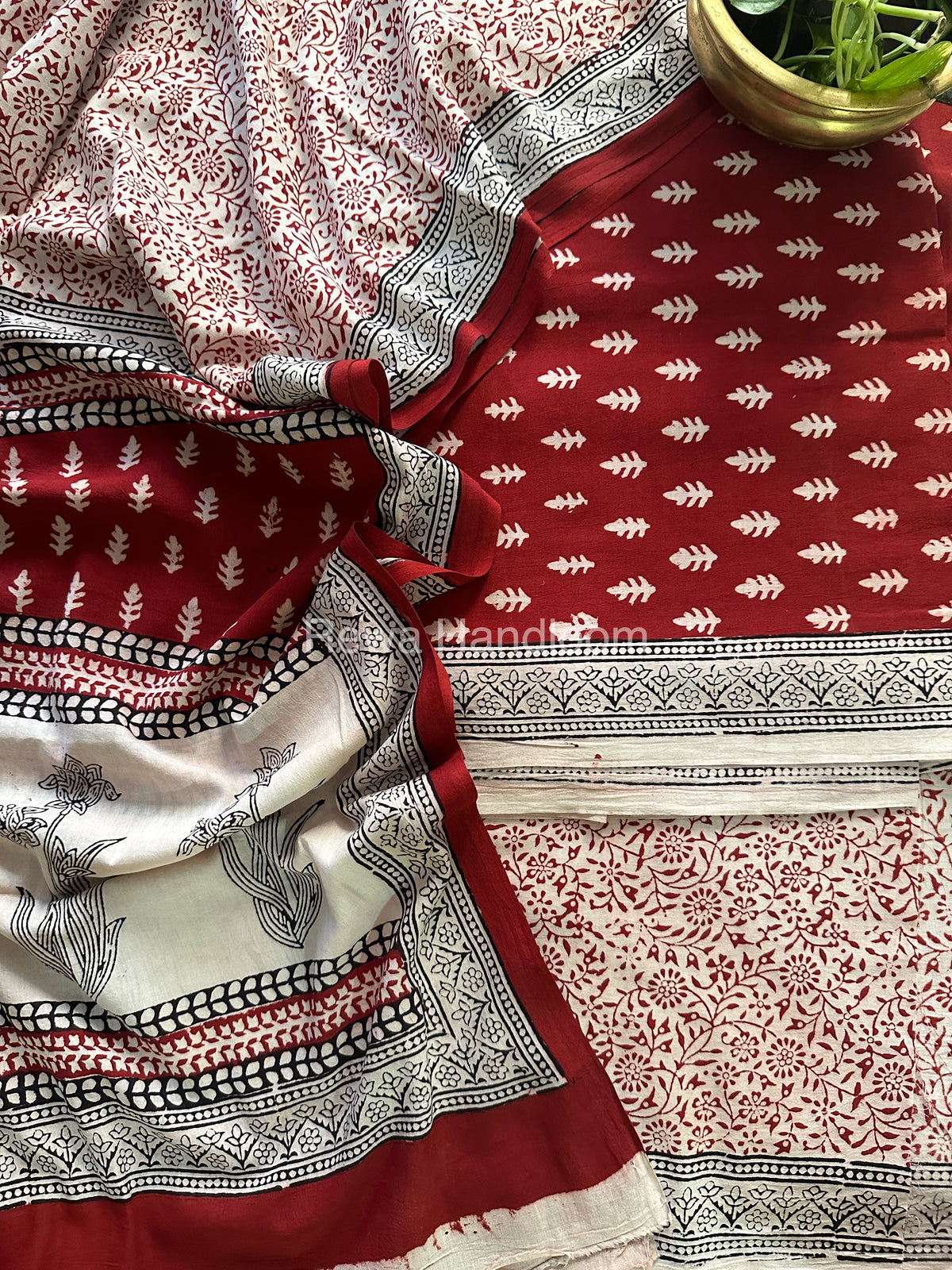 Red-White Bagh Print Cotton Suit-BCS54