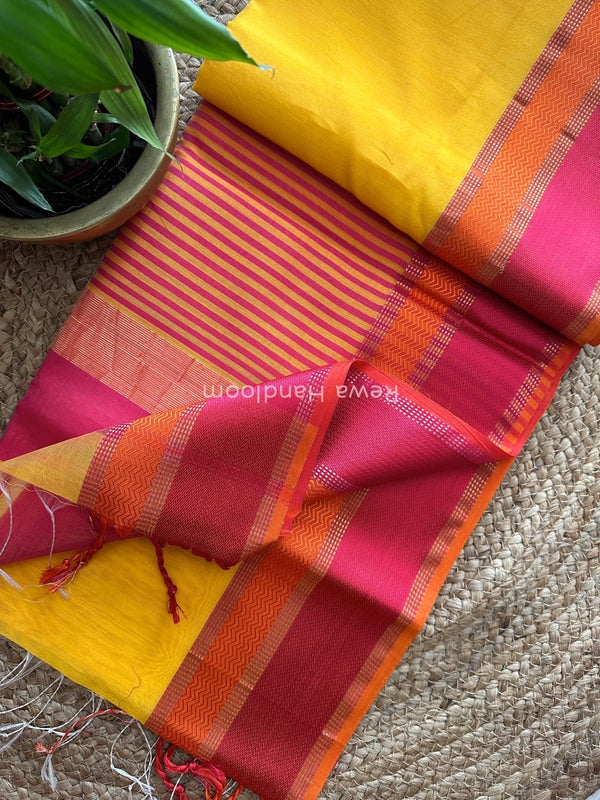Maheshwari Yellow Ganga Jamuna Rewa Border Saree GJD078