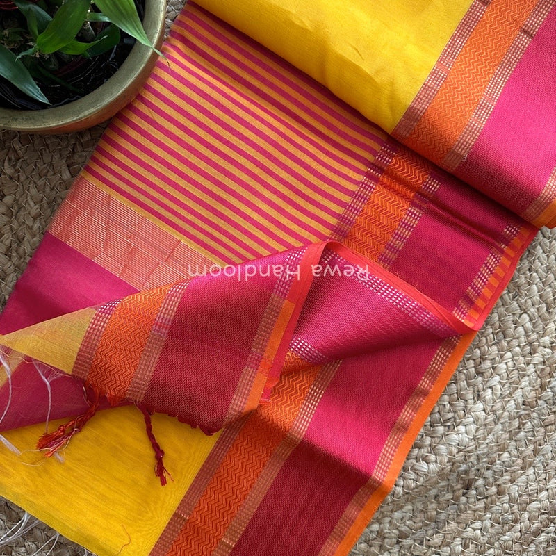 Maheshwari Yellow Ganga Jamuna Rewa Border Saree GJD078