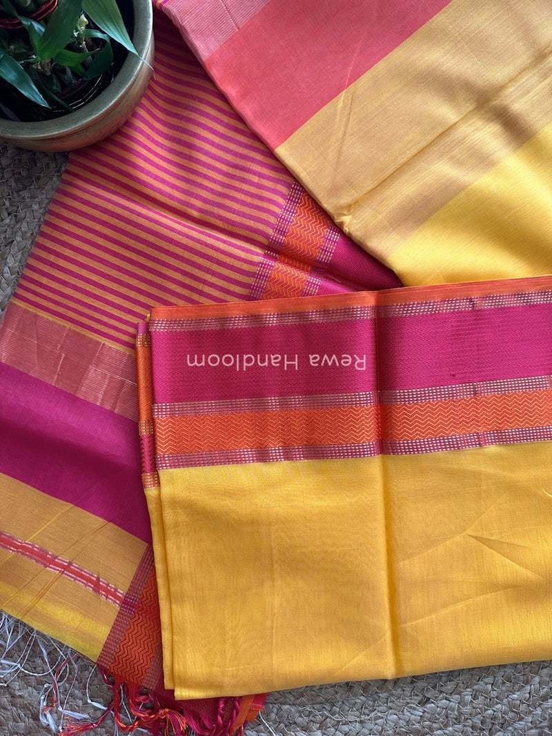 Maheshwari Yellow Ganga Jamuna Rewa Border Saree GJD078
