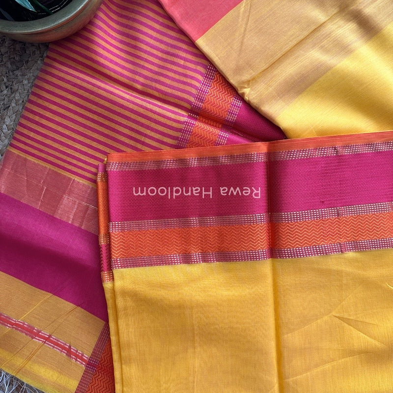 Maheshwari Yellow Ganga Jamuna Rewa Border Saree GJD078