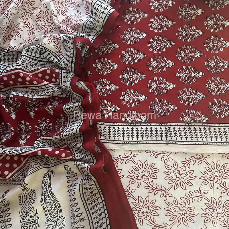 Red-White Bagh Print Cotton Suit-BCS52