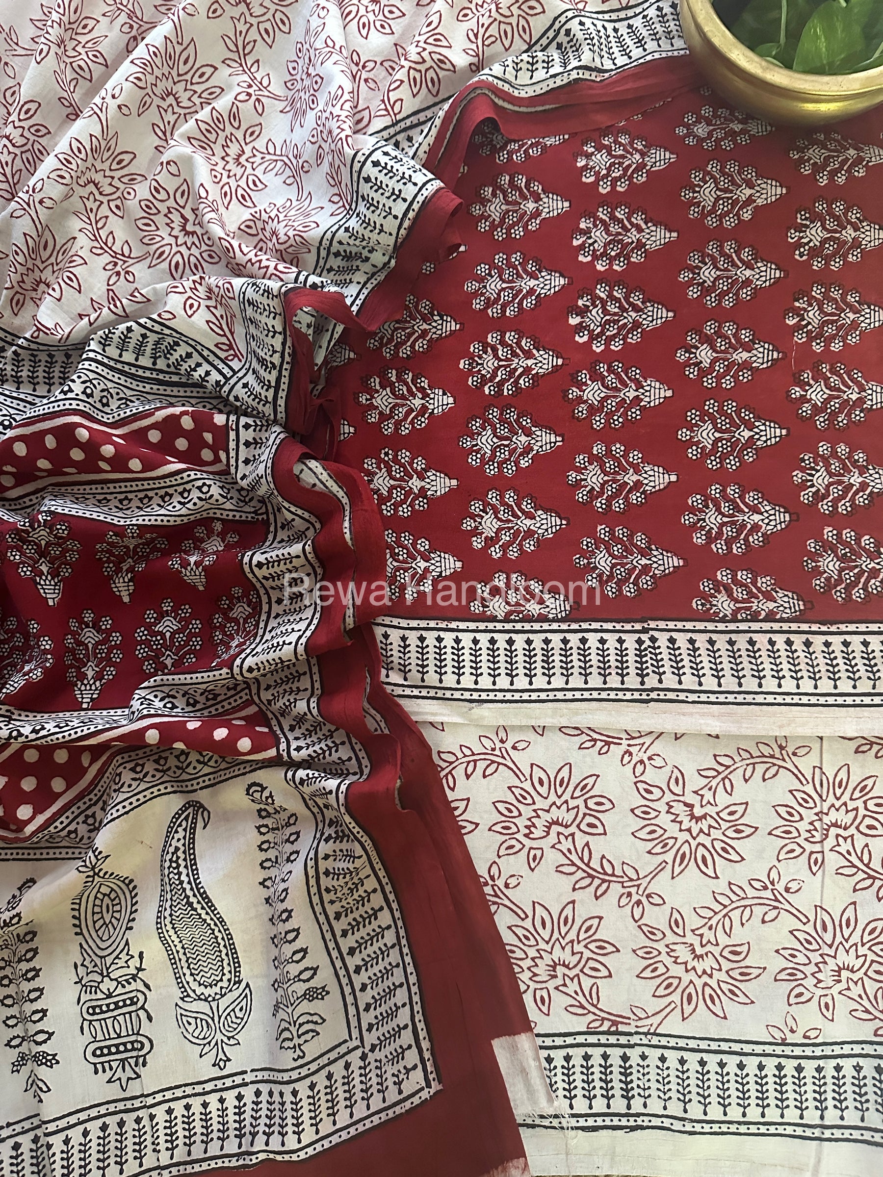 Red-White Bagh Print Cotton Suit-BCS52