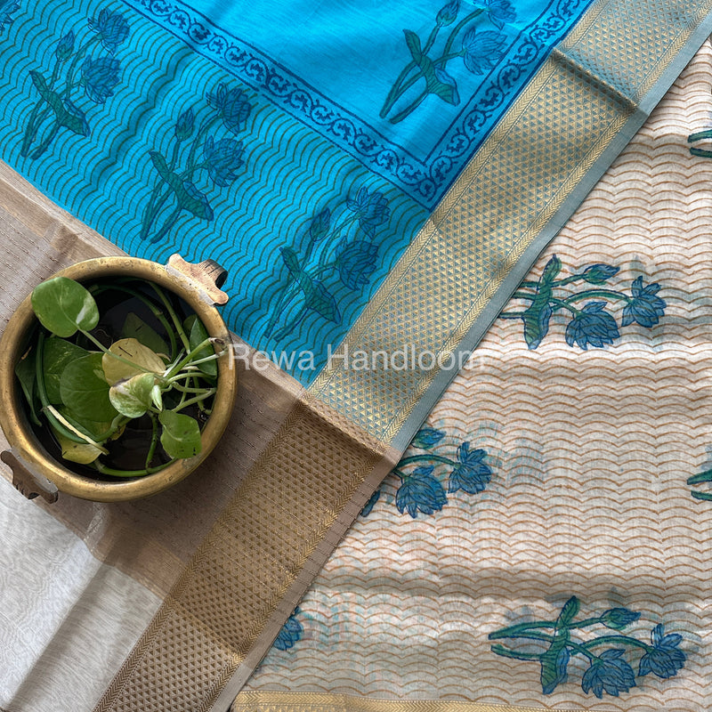 Maheshwari White-Sky Blue Handblock Print Top-Dupatta-HBS056