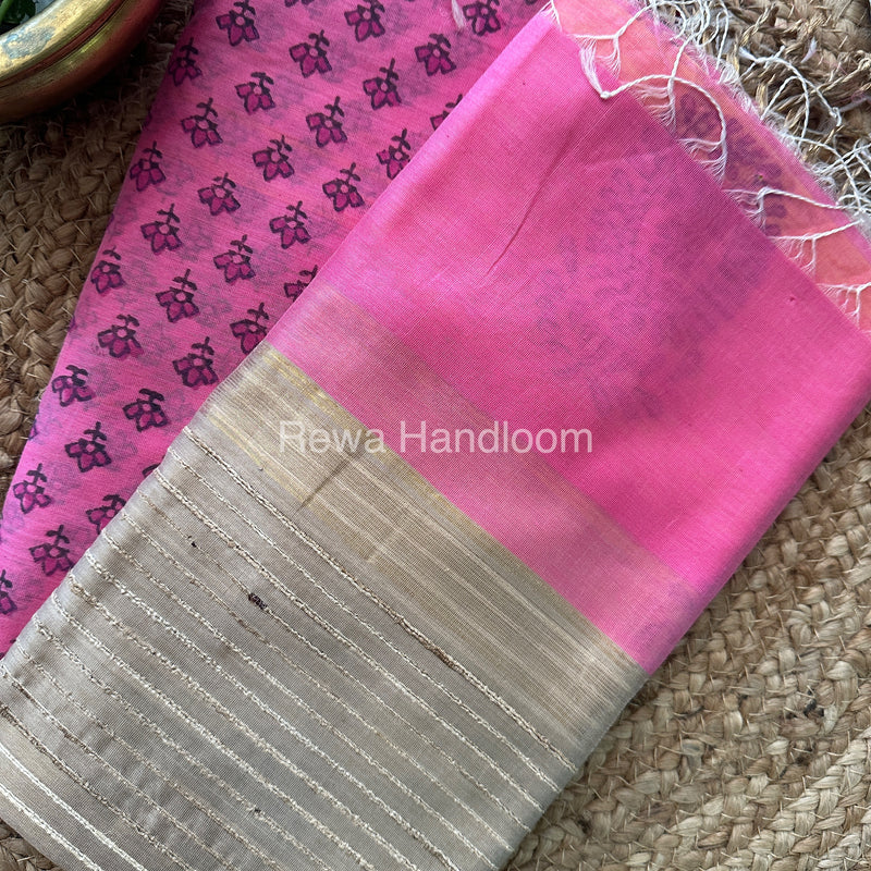 Maheshwari Pink-Yellow Handblock Print Top-Dupatta HBS049