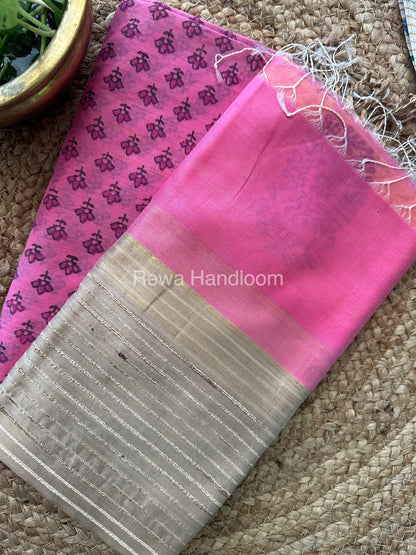 Maheshwari Pink-Yellow Handblock Print Top-Dupatta HBS049