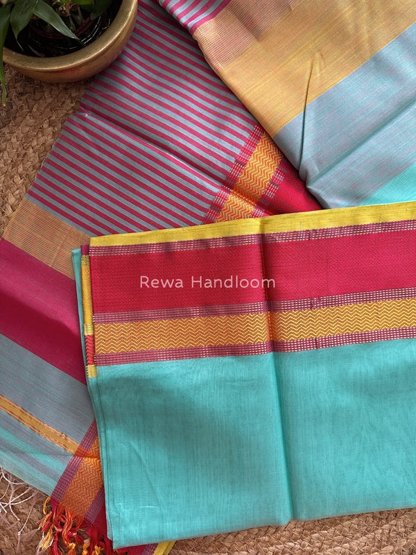 Maheshwari Aqua Blue Ganga Jamuna Rewa Border Saree GJD085 